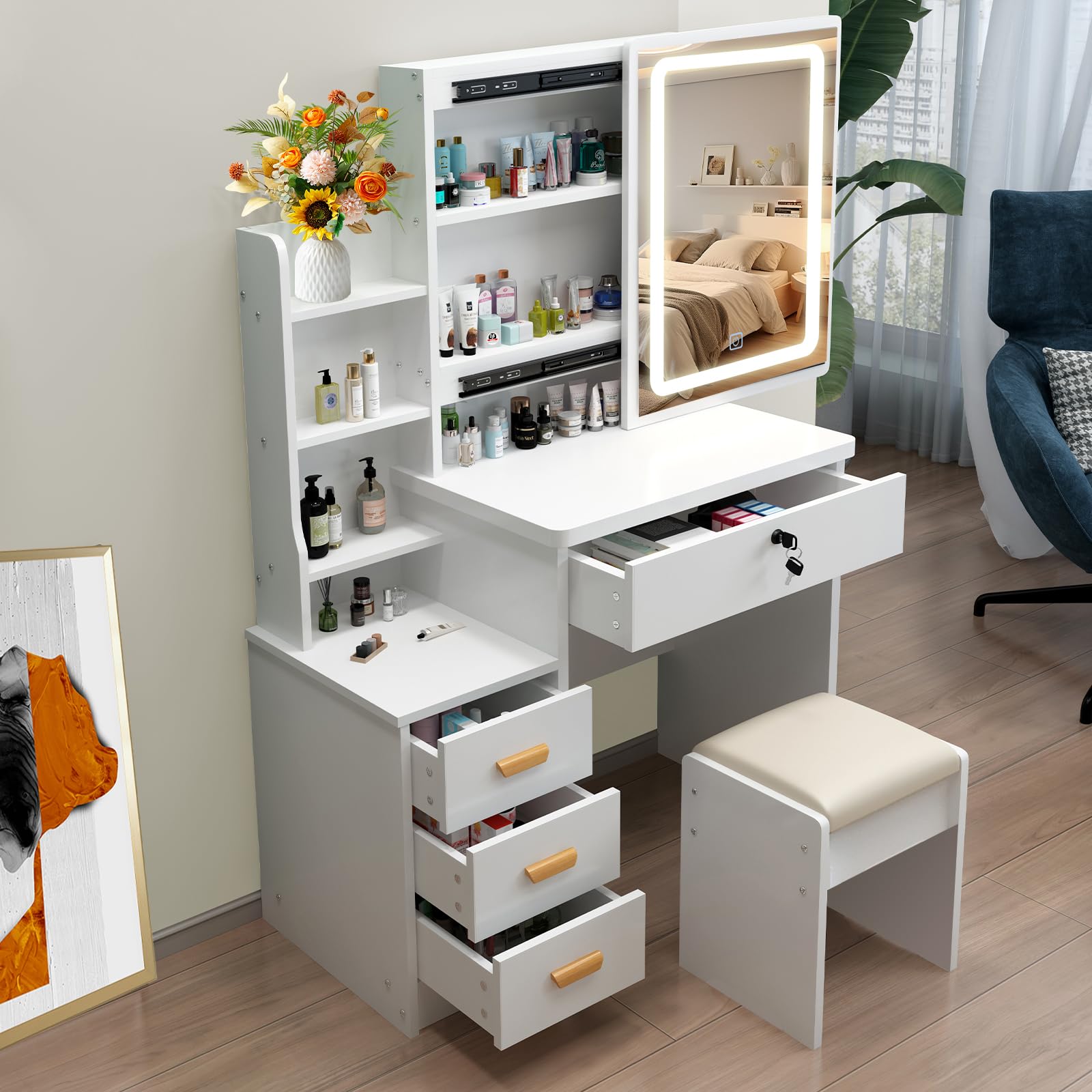 European Style Vanity Desk with Mirror and LED Lights - 3 Lighting Modes, Dressing Table with Drawers & Open Storage Shelves, White Makeup Vanity for Bedroom | Perfect Gift for Women & Girls, Ideal for Daily Beauty Routine and Home Decor