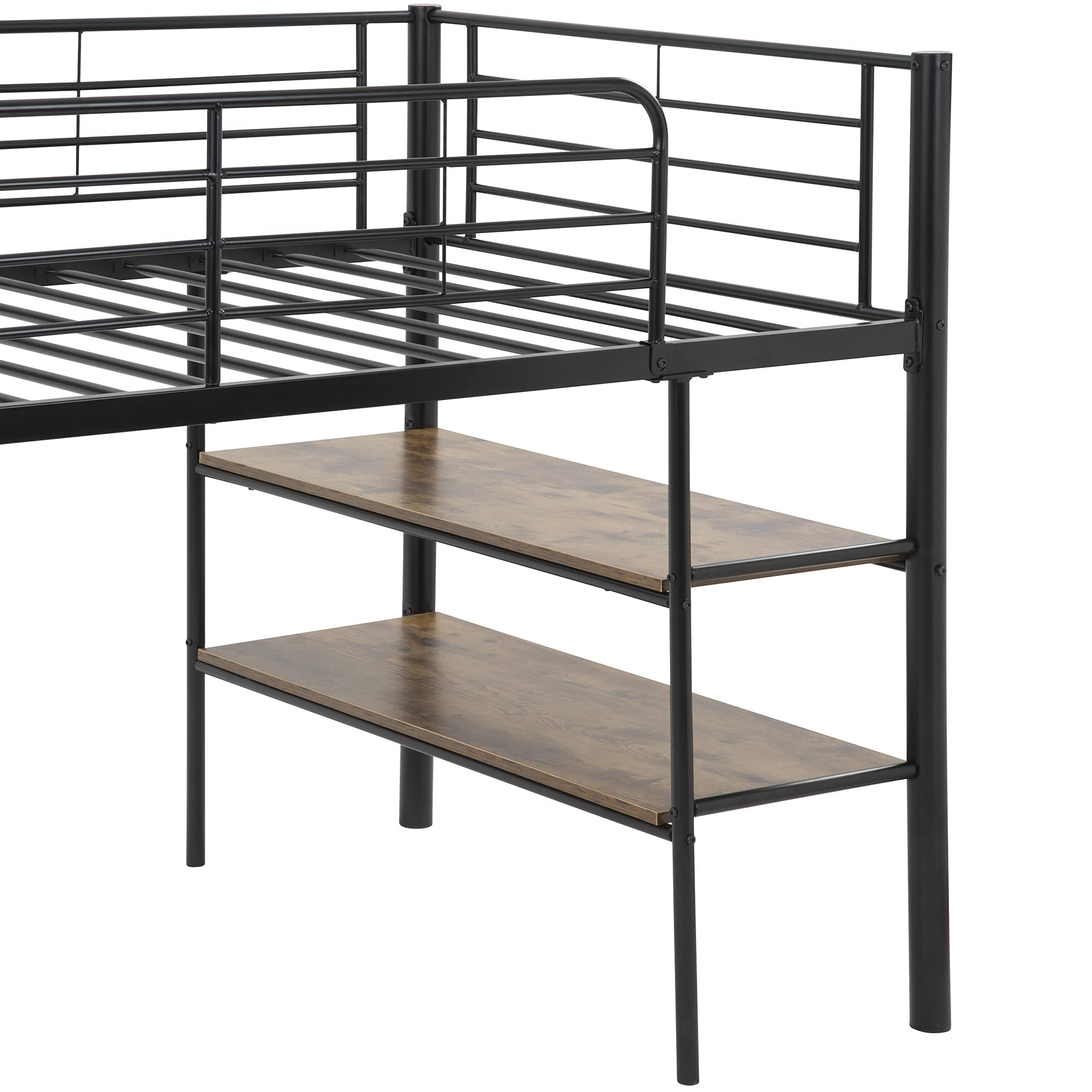 Polibi Twin Size Metal Loft Bed with Rolling Desk & Shelves - Space Saving Multi-Functional Study Loft Bed for Kids & Teens (Black) - Perfect for Small Bedrooms, Dorms & Studio Apartments