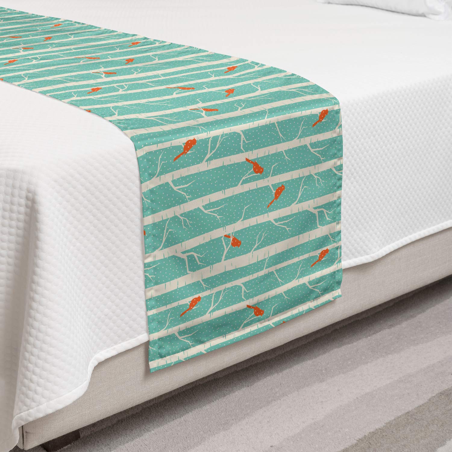 Ambesonne Nature Bed Runner - Abstract Dotted Tree & Bird Silhouette Design, Barren Forest Pattern Decorative Bed Scarf for Home, Hotel & Guest Room Decor - Sea Green & Orange - Perfect for Seasonal Bedding Refresh & Boho Chic Interior Styling