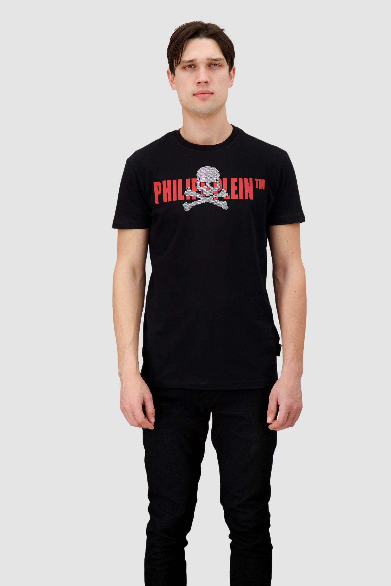 Philipp Plein Black and Red Round Neck Short Sleeve Skull Strass T-Shirt for Men - Stylish Graphic Tee for Casual Wear, Night Out & Street Fashion