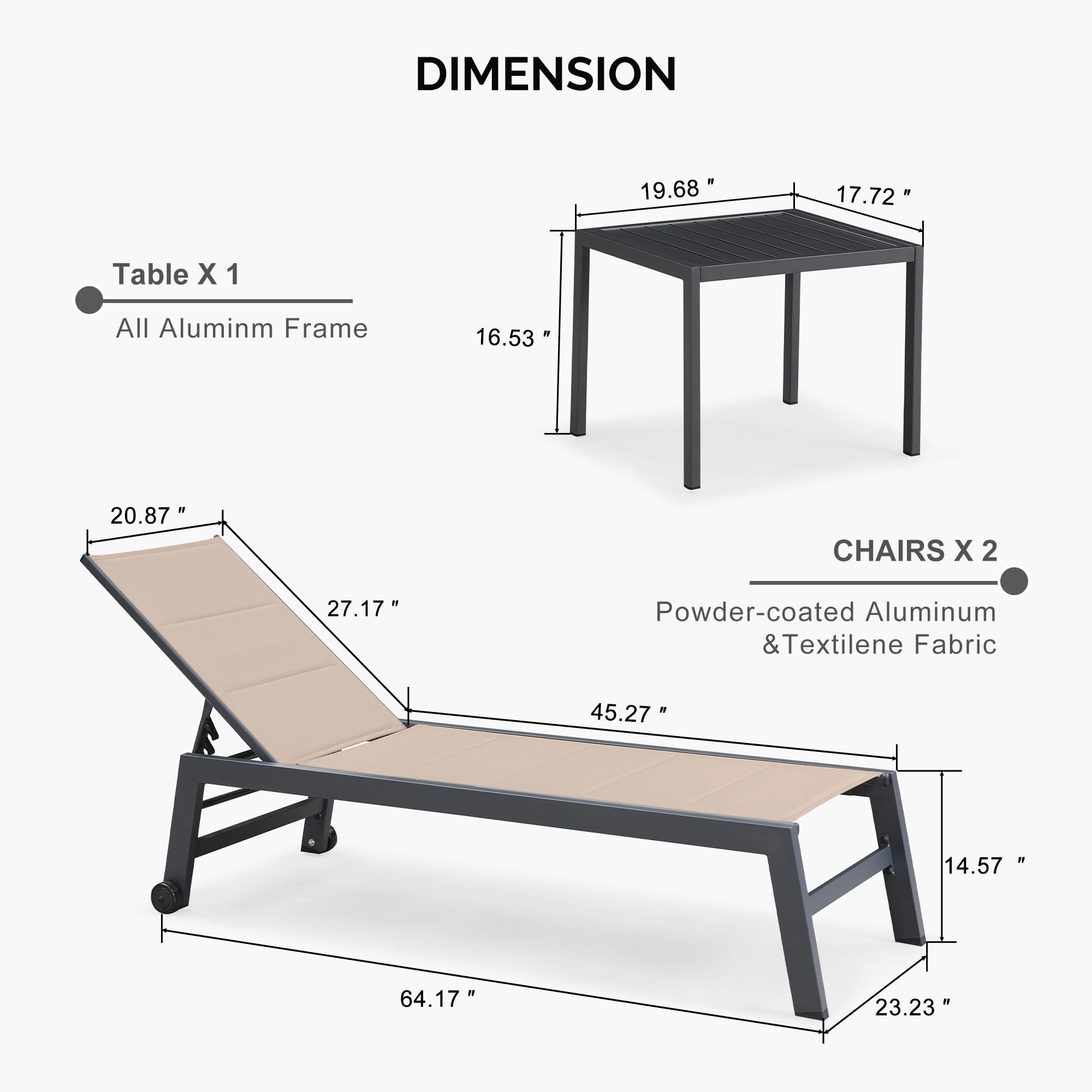 PURPLE LEAF Outdoor Chaise Lounge Set of 2 - Aluminum Patio Lounge Chairs with Wheels & Side Table - Beige Poolside Relaxation for Backyard, Garden, and Beach Use