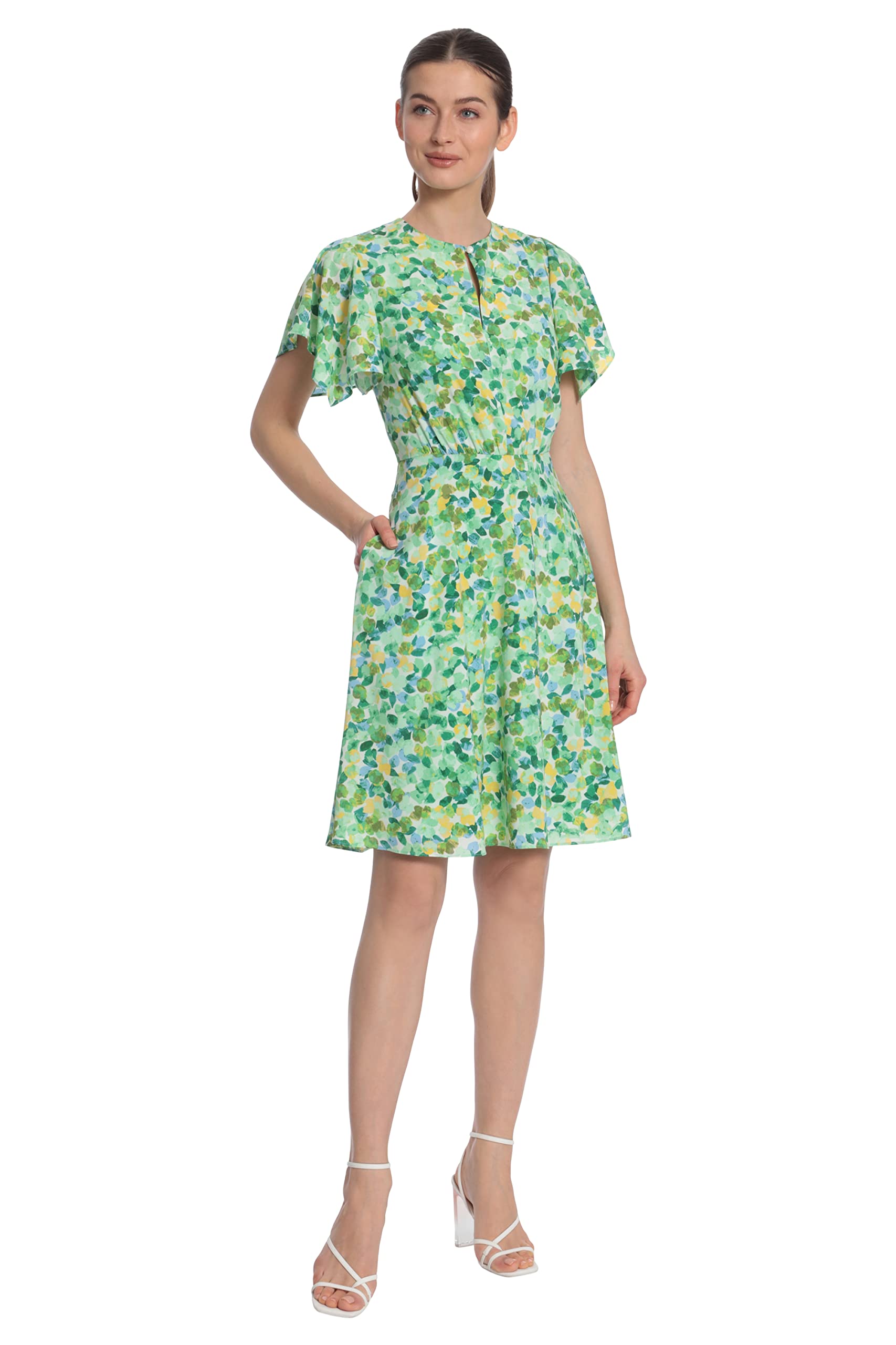 Maggy London Women's Flutter Sleeve Dress - Button Front Keyhole & Painterly Petal Print | Elegant Cocktail Dress for Parties, Weddings & Special Occasions