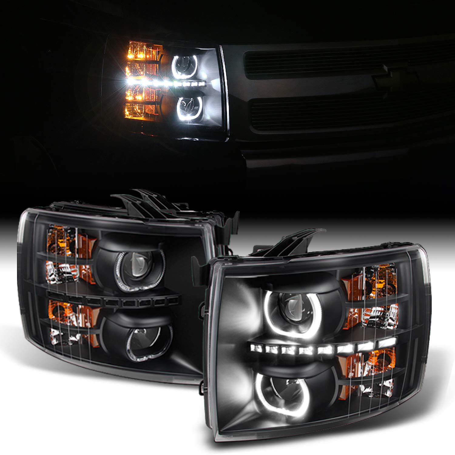 AKKON Black Exclusive Halo Projector SMD DRL LED Headlights Pair for Chevy Silverado - Driver & Passenger Side - Upgrade Your Truck's Style & Night Visibility