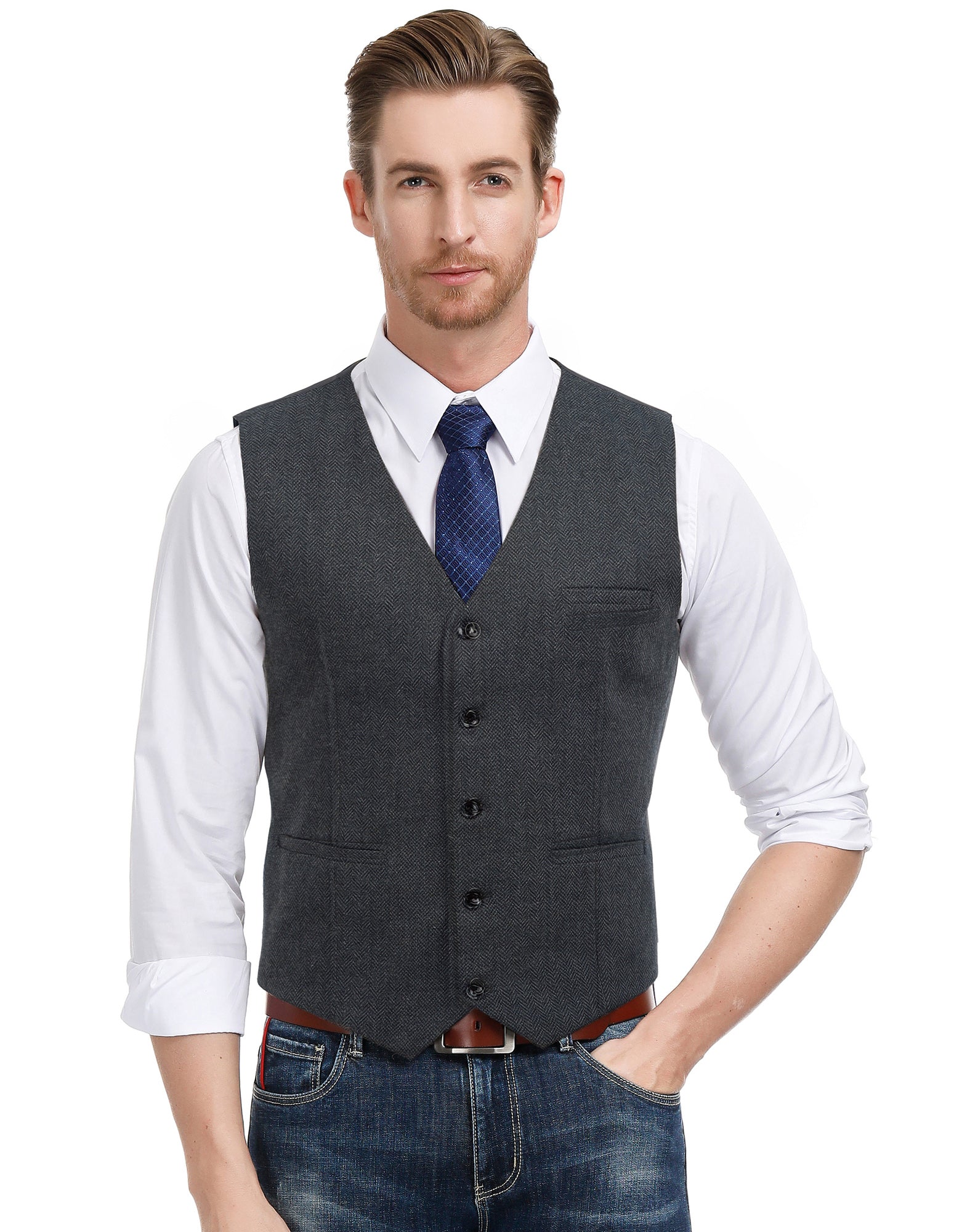 Slim Fit Men's V Neck Single Breasted Waistcoat Vest - Formal & Casual Wear for Weddings, Office & Layering Outfits