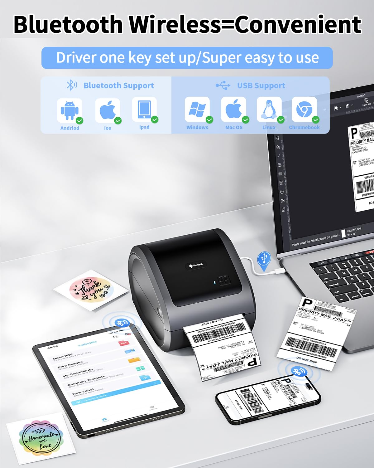 Phomemo D520BT Bluetooth 4x6 Thermal Label Printer - Compatible with iPhone, Android, Mac & Windows - Perfect for DHL, UPS, Colissimo Shipping & Small Business - Ideal for Home Offices, E-commerce Sellers & Package Shipping