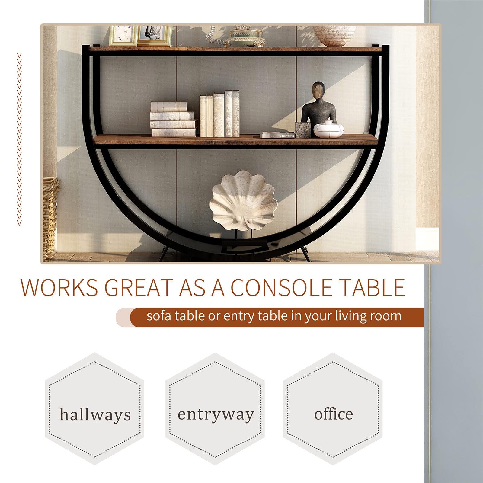 Henf Rustic Industrial U-Shape Console Table with 3 Shelves - Narrow Sofa Table for Entryway, Living Room, Bedroom & Corridor | Perfect for Small Spaces & Home Decor (Rustic Brown)