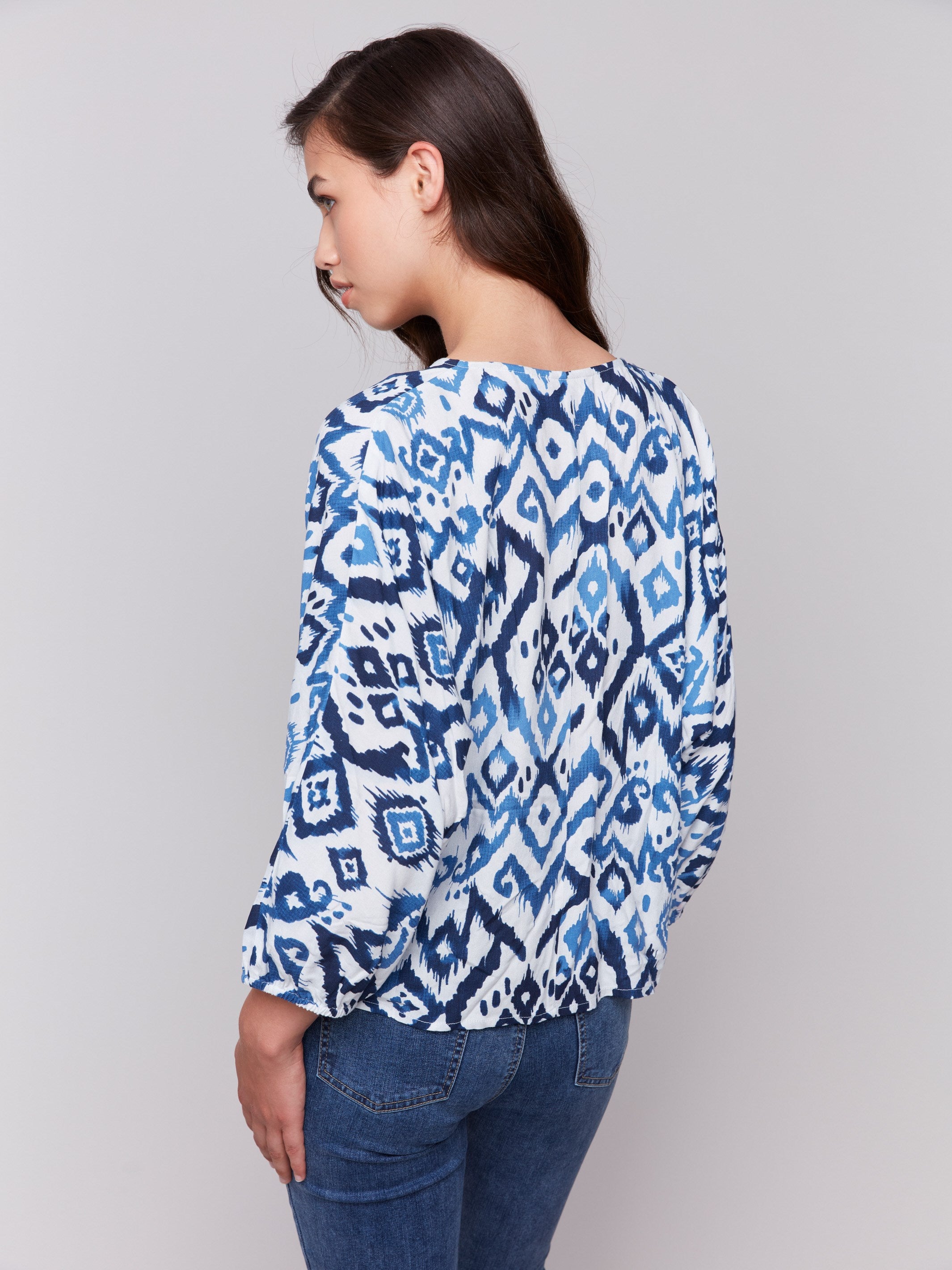 Printed Popover Blouse with Front Tie & Ikat Pattern - Stylish Women's Casual Shirt for Work, Date Night & Spring Outfits