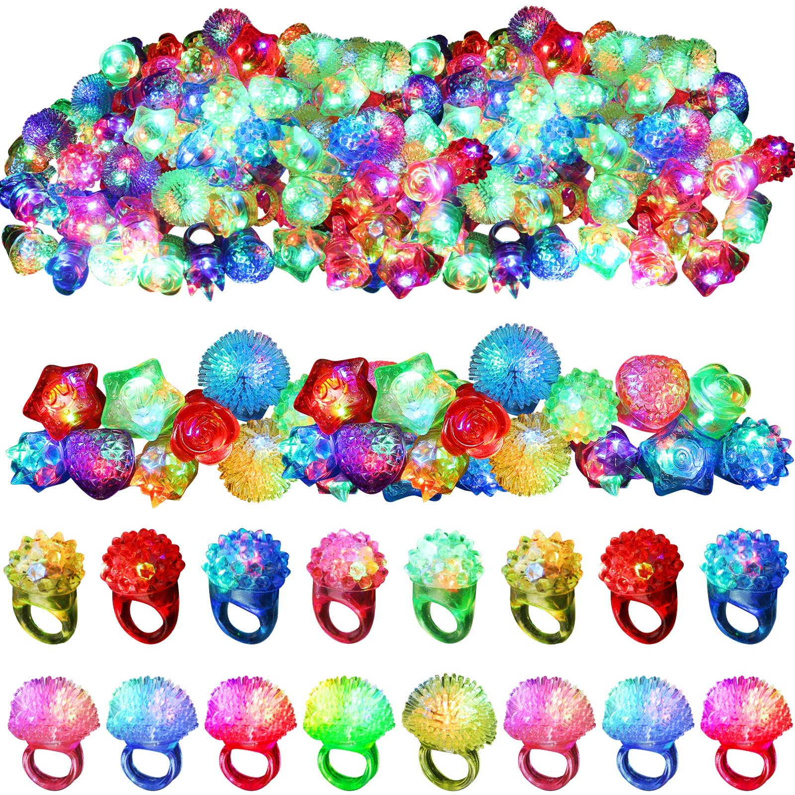 Leyndo 300 Pcs LED Light Up Rings - Glow in The Dark Party Favors, Bumpy Jelly Rubber Finger Lights for Kids Birthday, Christmas, Concerts & Night Events (Colorful Mixed Styles) - Perfect for Rave Parties, Halloween Costumes & Festive Celebrations