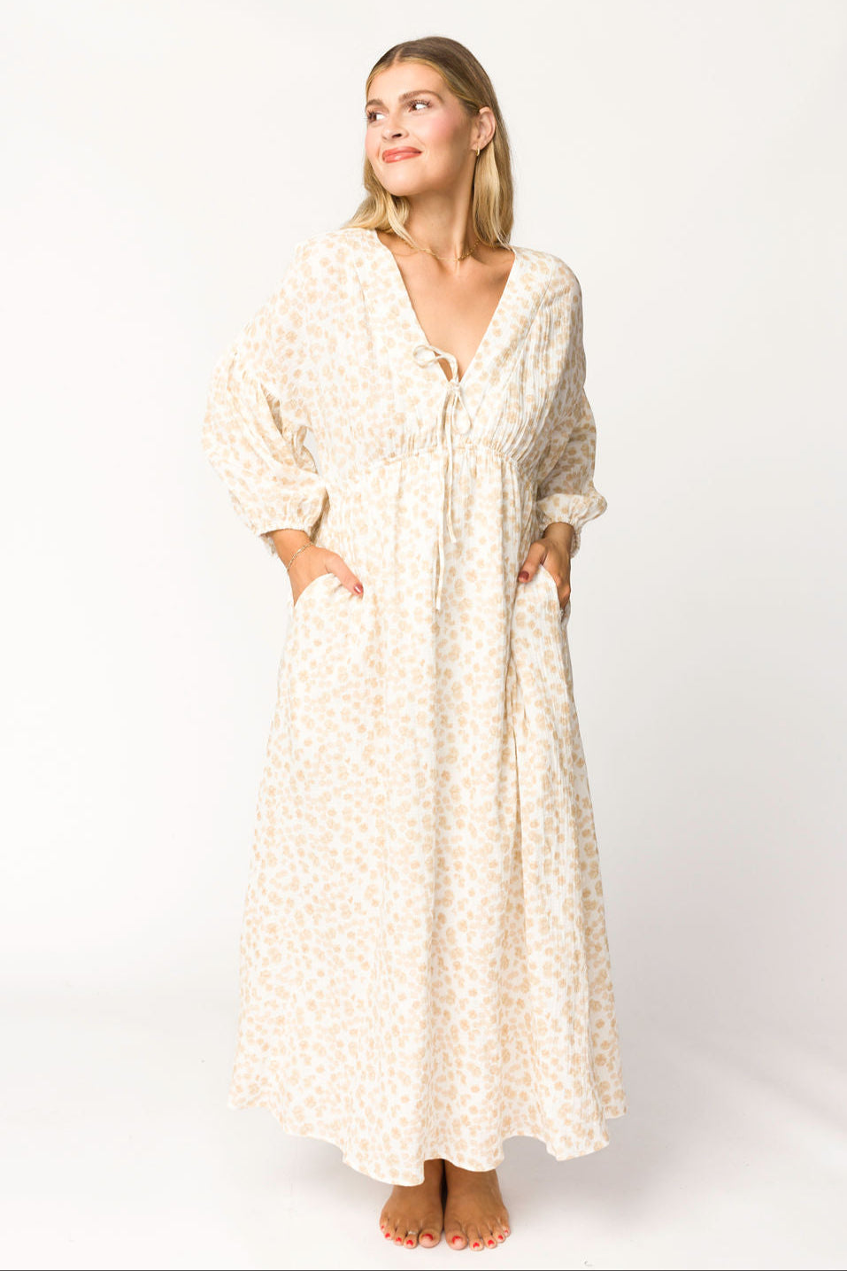 Hunter 100% Cotton Gauze Midi Dress - Natural/Fawn Floral Print | Bump Friendly Maternity Dress | Perfect for Summer, Beach & Pregnancy Photoshoots