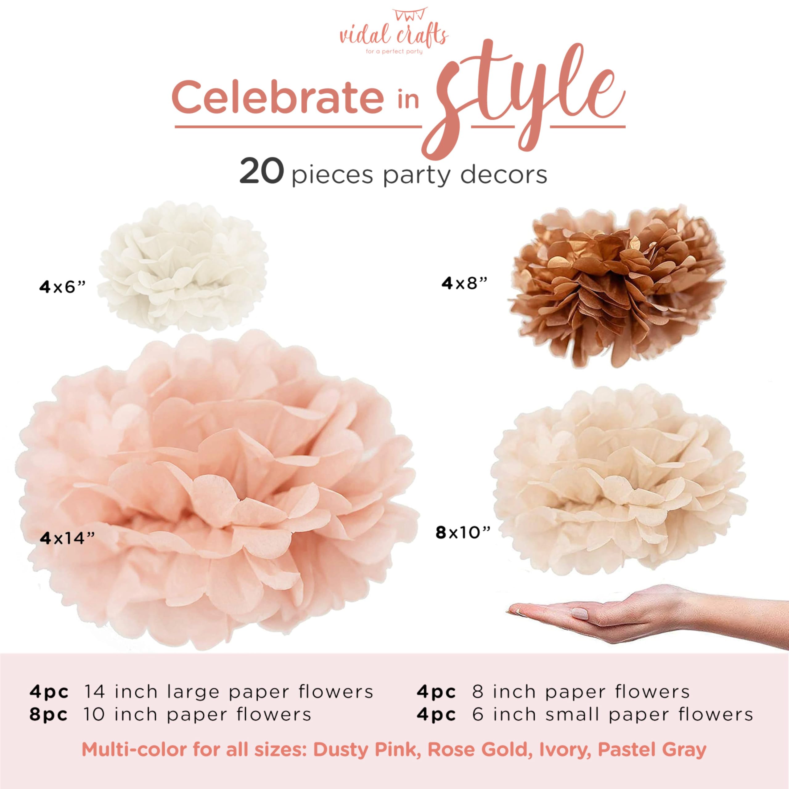 Vidal Crafts 20-Piece Tissue Paper Pom Poms Kit - Boho Party Decorations for Birthday, Wedding, Baby Shower, Bridal Shower & Bachelorette (6