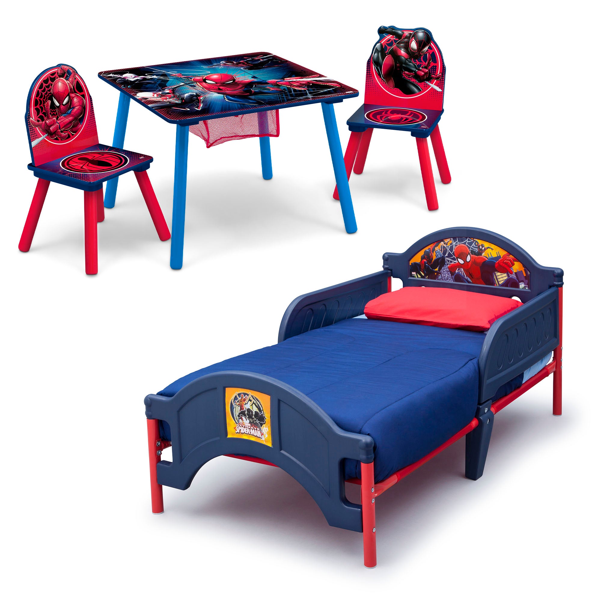 Marvel Spider-Man 4-Piece Toddler Bedroom Set - Kids Bed, Table & 2 Chairs | Superhero Themed Nursery Furniture for Boys Room Decor | Perfect for Playtime, Naptime & Learning Activities