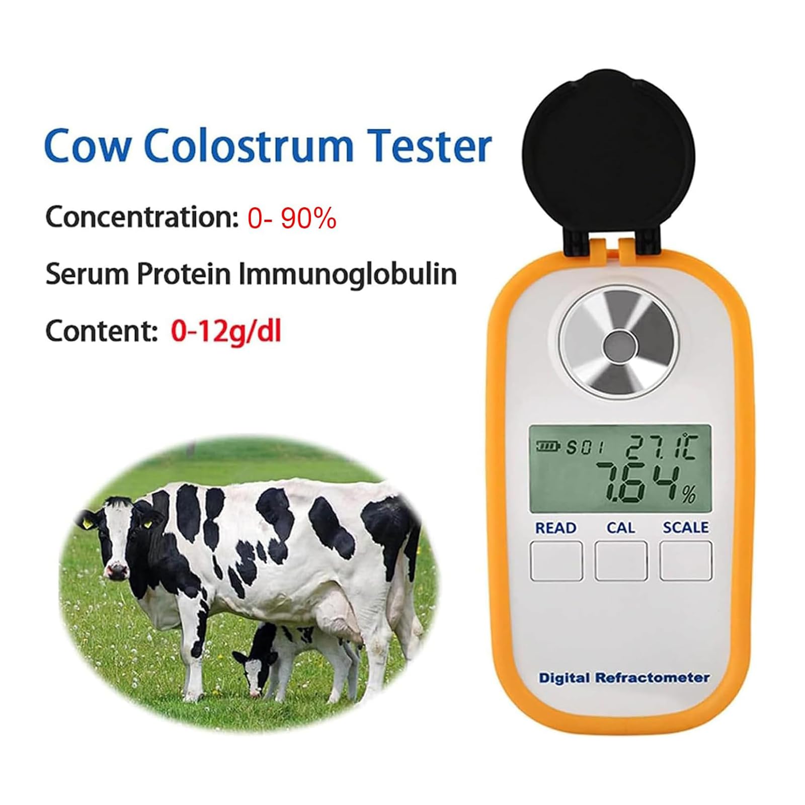Digital LED Refractometer 0-90% Brix Meter for Dairy Cow Colostrum, Protein Content Tester, Sugar Concentration Analyzer - Portable for Farm, Brewing, Food Industry