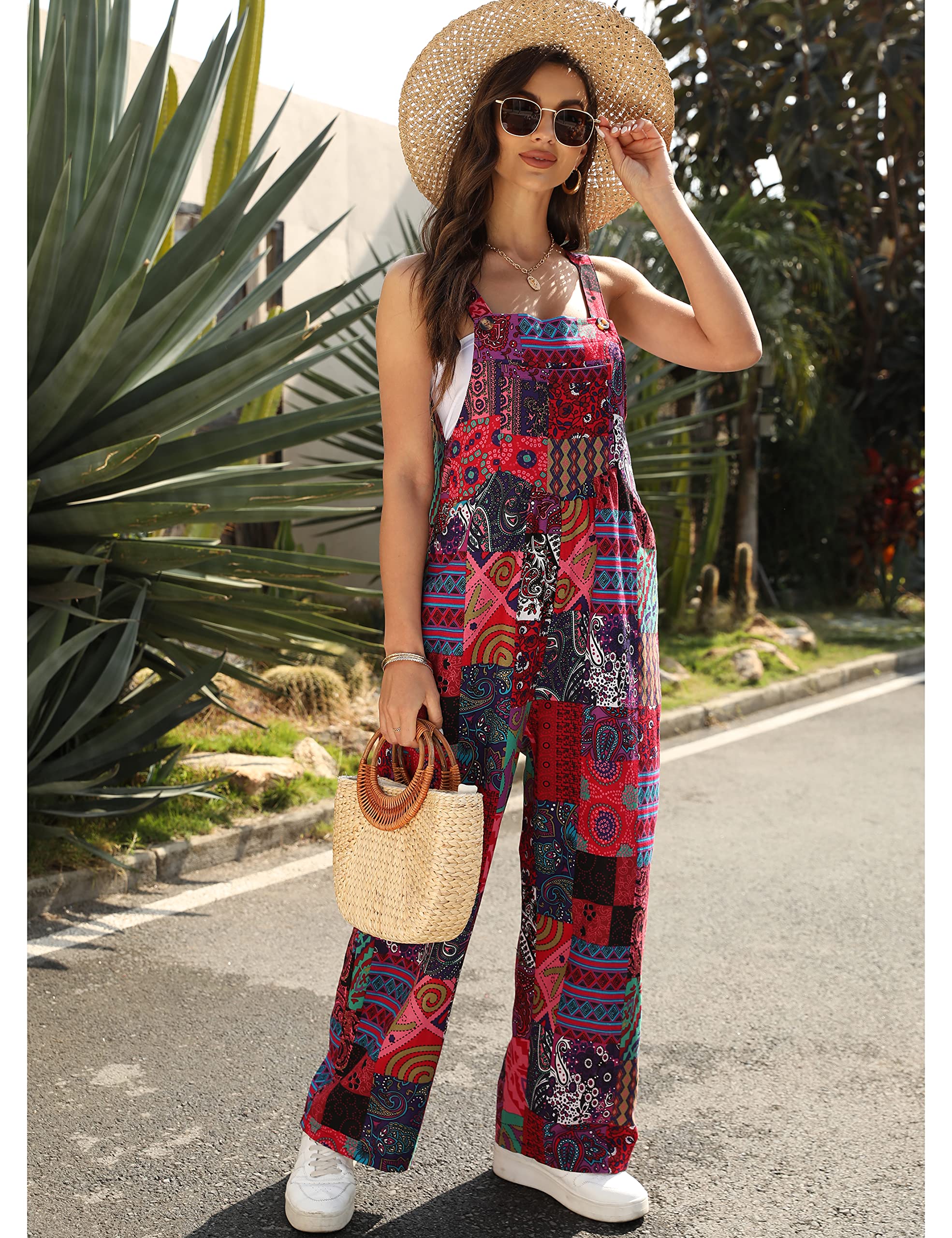 Himosyber Women's Patchwork Jumpsuit with Dual Pockets - Loose Fit Floral Print Bohemian Wide Leg Bib Overalls for Casual Outings & Festivals