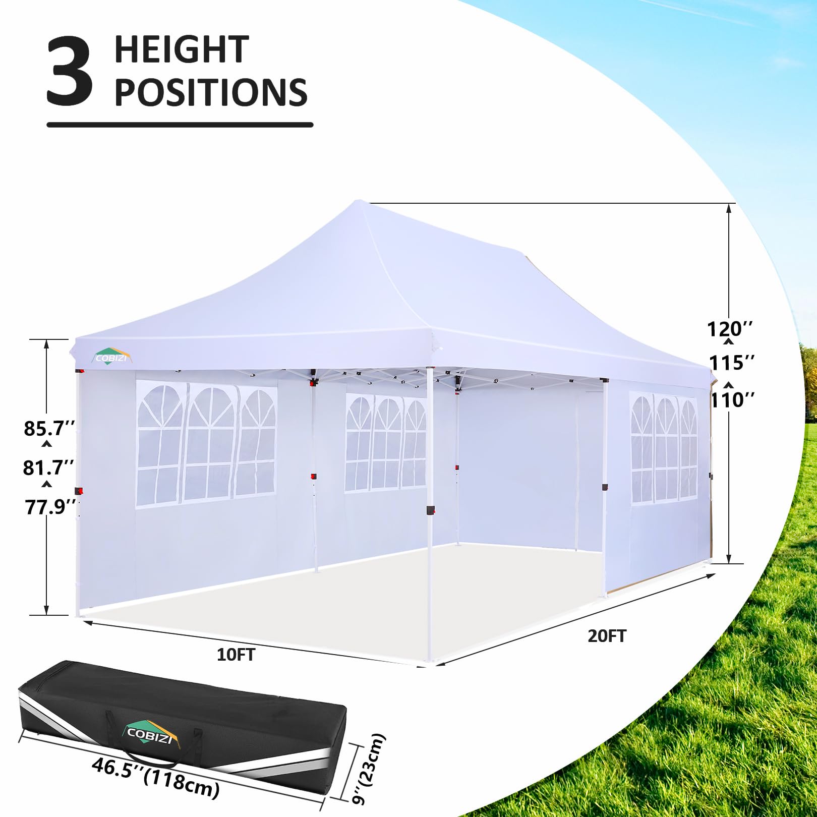 COBIZI 10x20ft Pop Up Canopy Tent with 4 Removable Sidewalls - Waterproof & UV50+ Protection, Easy Setup Commercial Gazebo with Carrying Bag, Adjustable Leg Heights - Perfect for Outdoor Parties, Farmers Markets, Camping & Beach Events