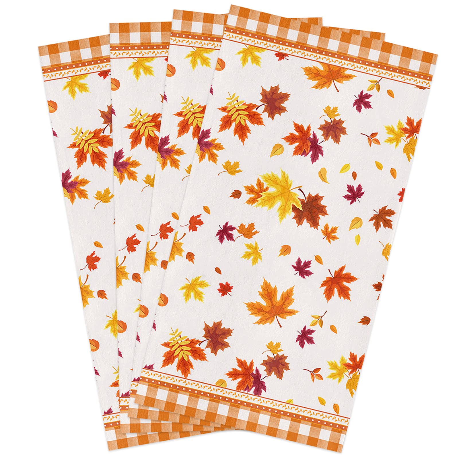Premium Microfiber Kitchen Towels Set of 4 - Ultra Absorbent 18x28 Inch Dish Towels for Drying Dishes | Thanksgiving Maple Leaf & Orange Plaid Design | Reusable Tea Towels & Cleaning Cloths | Perfect for Holiday Decor, Dish Drying & Kitchen Cleaning