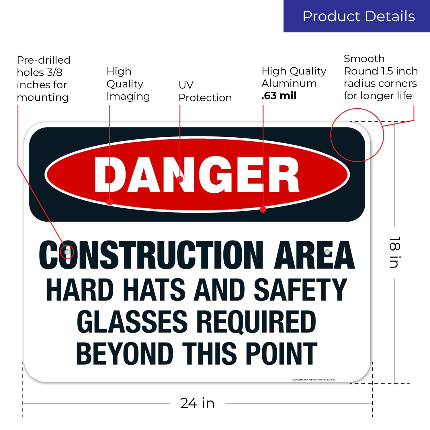 OSHA Compliant Construction Safety Sign - Hard Hats & Safety Glasses Required Beyond This Point - 18x24 Inch Rust-Free .063 Aluminum Sign - Fade Resistant for Indoor/Outdoor Use - Made in USA - Perfect for Construction Sites, Warehouses & Industrial Areas