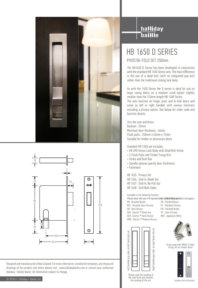 HB 1655 D Series Left Hand Deadbolt Pivot Door Privacy Lock Set with Snib - 55mm Backset - Ideal for Bedrooms, Bathrooms & Interior Doors
