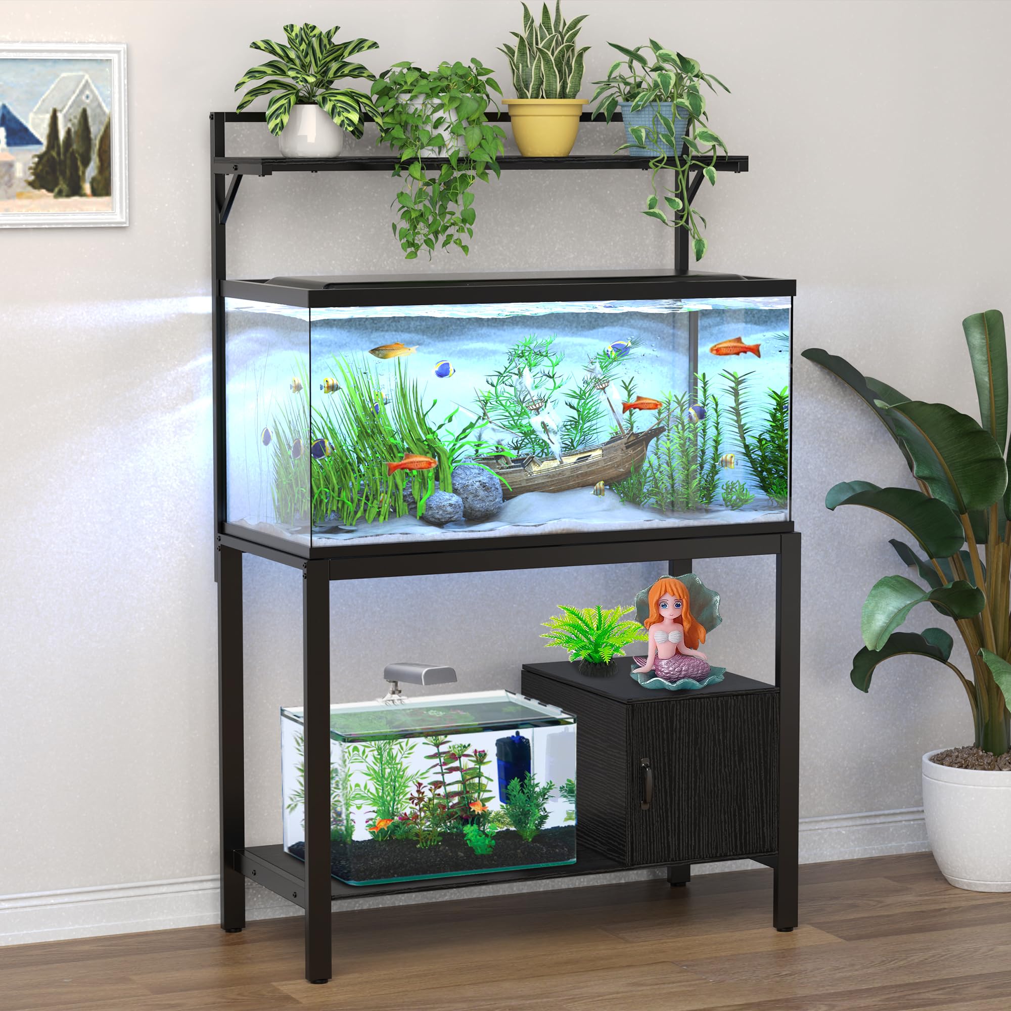 40-50 Gallon Fish Tank Stand with Plant Shelf & Storage - Heavy Duty Metal Aquarium Stand for Reptile Terrariums, Turtle Tanks (36.6