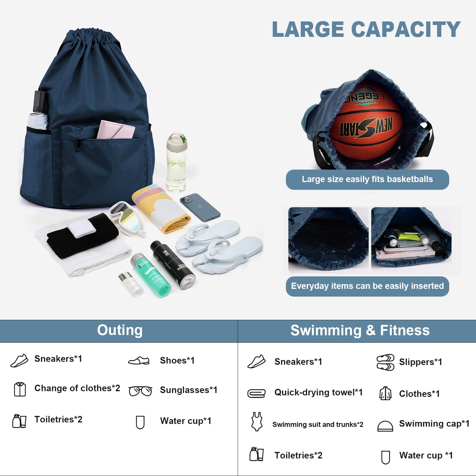 **Lightweight Drawstring Backpack for Gym & Sports - Small Water-Resistant Sackpack with Wet/Dry Compartment - Basketball, Swim & Soccer Essentials Bag for Men & Women (Navy Blue, Size L) - Perfect for Workouts, Travel & Outdoor Activities**