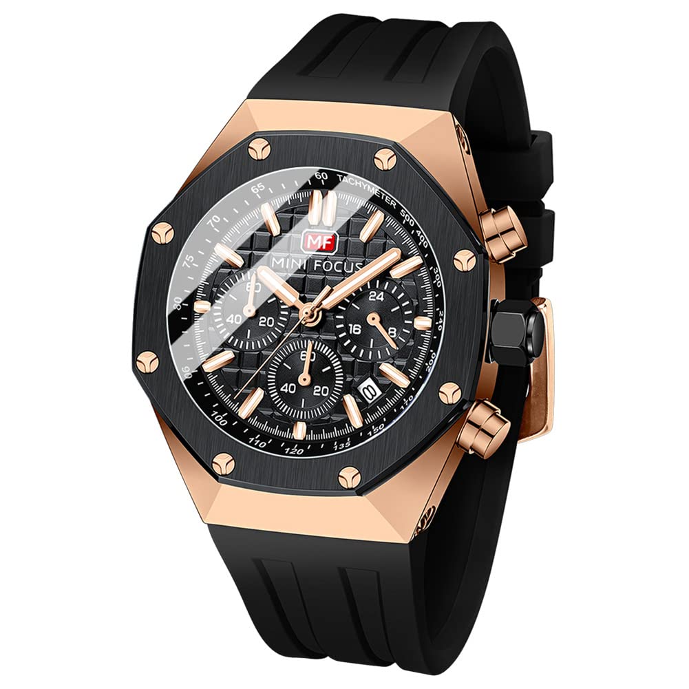 MF MINI FOCUS Men's Chronograph Waterproof Sports Watch - Analog Quartz Wristwatch with Silicone Strap for Running, Swimming & Outdoor Activities | Fashionable Men's Accessory