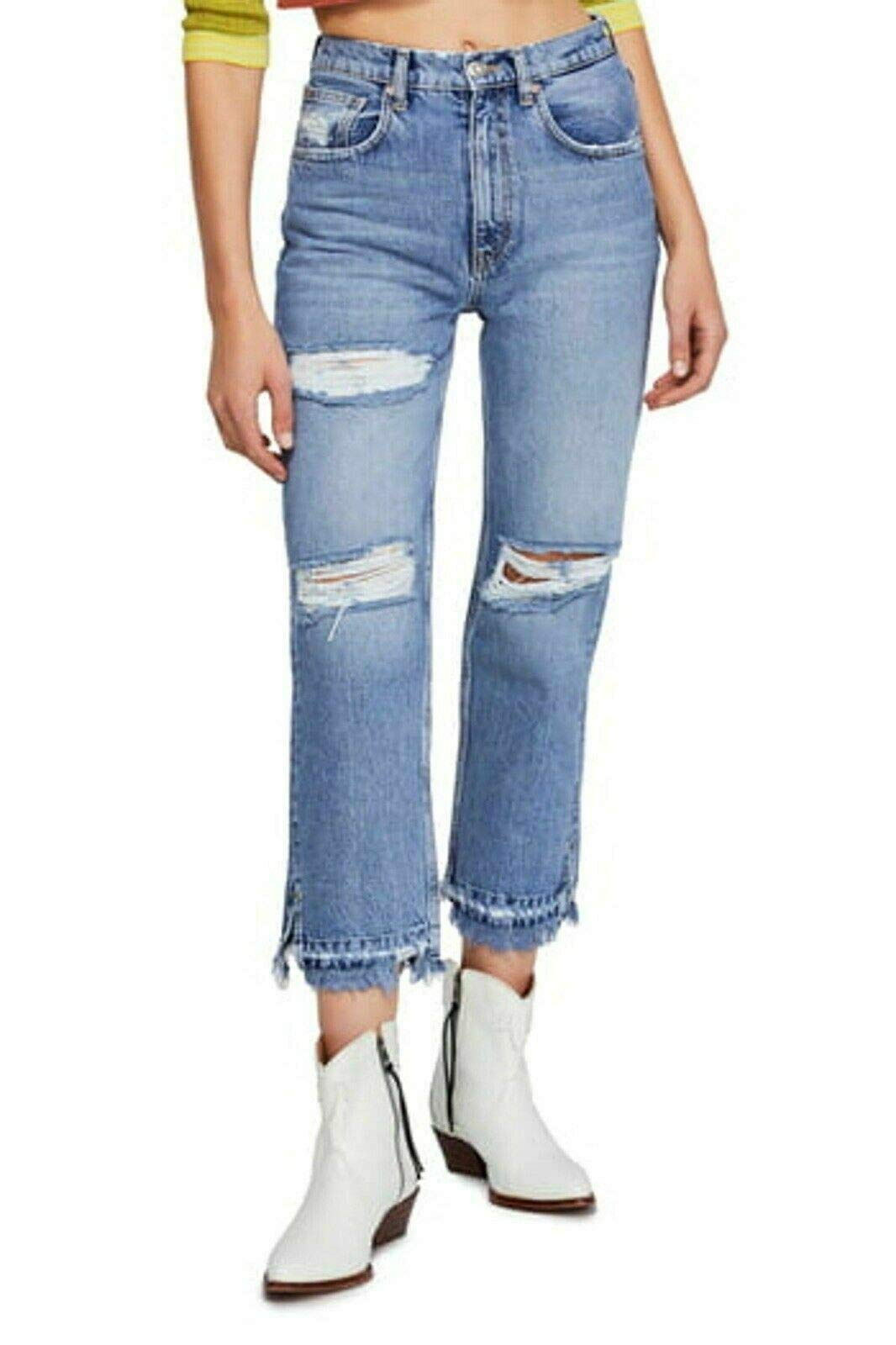 Free People Women's Lita Distressed Denim Jeans - Straight Leg, High Waist, Vintage Wash | Perfect for Casual Outfits, Date Nights & Street Style Looks
