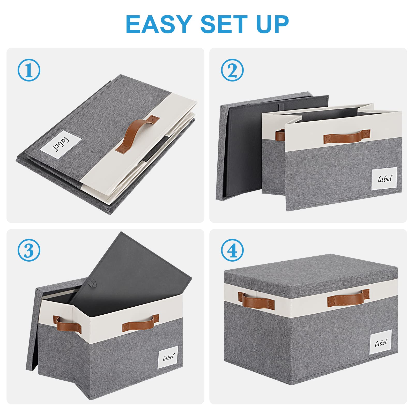 Extra Large Foldable Fabric Storage Bins with Lids - 32L Sturdy Storage Boxes with 3 PU Handles & Labels for Closet Organization, Home, Bedroom, Office - Perfect for Seasonal Clothes, Toys, Blankets & Home Decluttering (Grey & White)