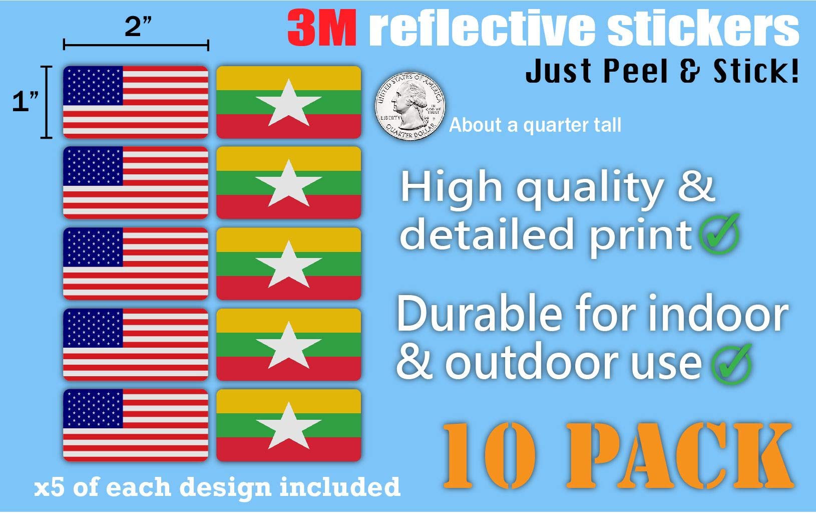 10-Pack 3M Reflective Myanmar & USA Flag Stickers - High Visibility Safety Decals for Hard Hats, Laptops, Bikes, Toolboxes - Perfect for Night Safety, Work Gear Identification & Patriotic Decor