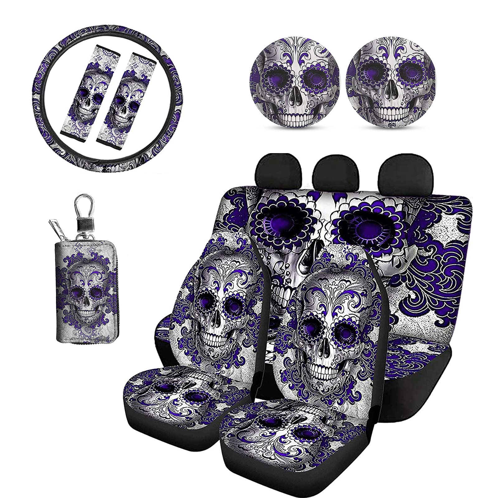Jeiento Sugar Skull Car Accessories Set - Universal Fit Front & Back Seat Covers with Steering Wheel Cover, Seatbelt Pads & Key Case - Mexican Day of the Dead Style for Cars, SUVs & Trucks - Perfect for Halloween Decorations & Themed Car Shows