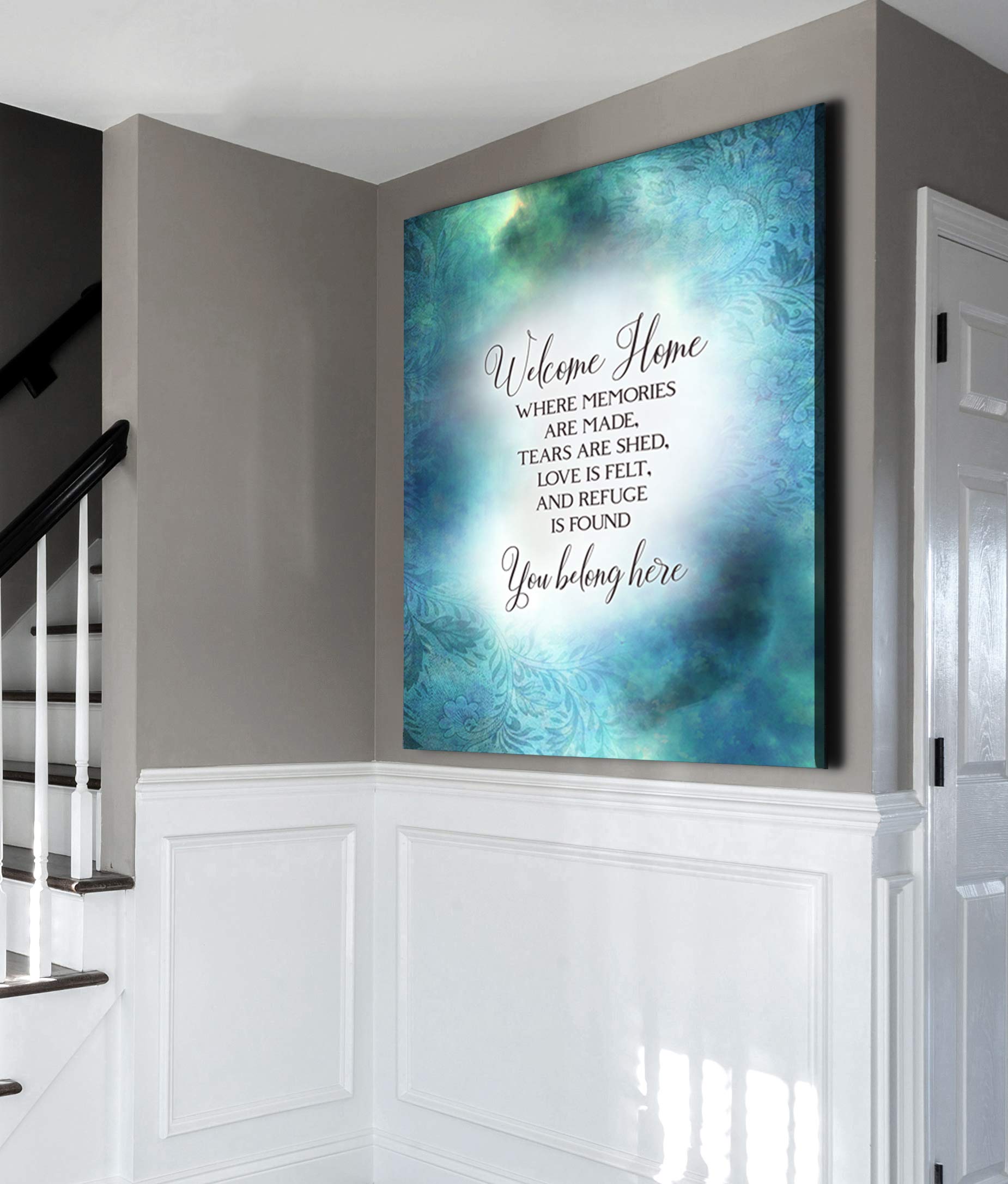 Rustic Welcome Home Wall Sign - 30x40 Inches Blue Wooden Art Decor with Inspirational Quotes | Farmhouse Style Home Sign for Living Room, Bedroom, Entryway | Perfect Housewarming Gift & Cozy Wall Decoration