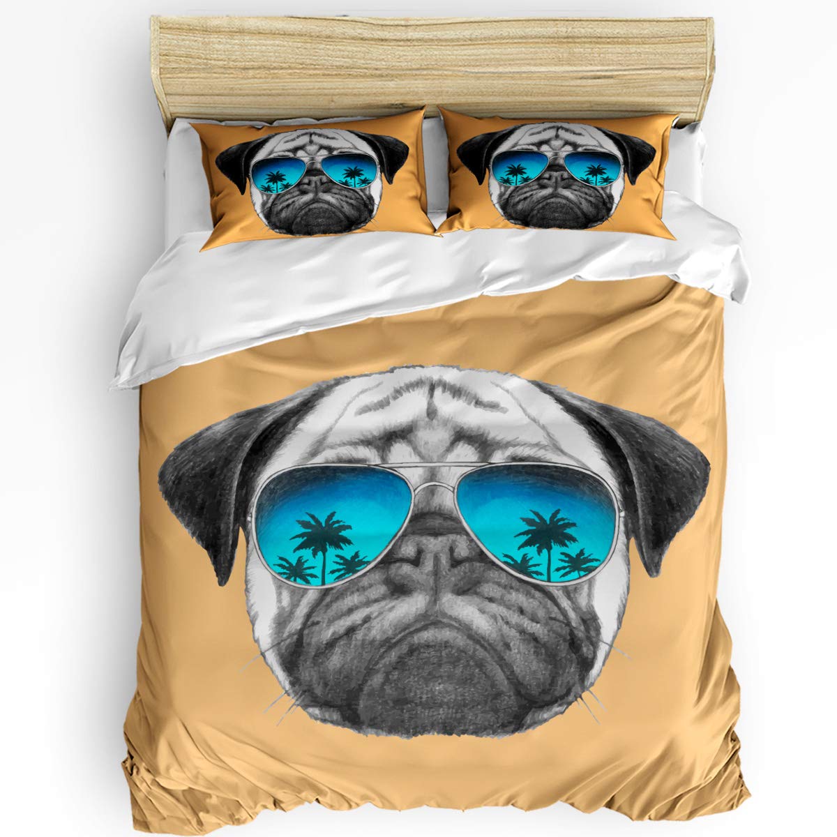 Trendy Super Soft Kids Duvet Cover Set - Cute Pug Dog with Sunglasses Orange Pattern Twin Size Bedding Collection (Includes 1 Comforter Cover + 2 Pillowcases) - Perfect for Children's Bedrooms, Sleepovers & Cozy Nap Time