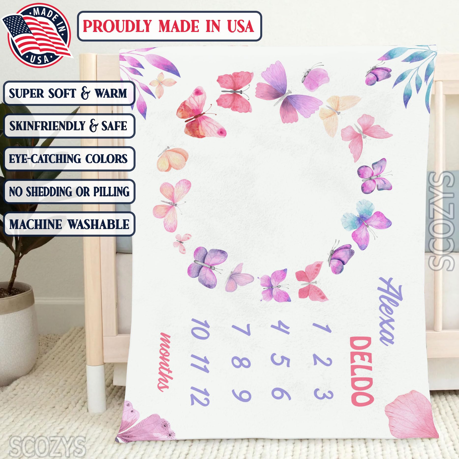 Personalized Butterfly Baby Monthly Blanket - Custom Newborn Nursery Receiving Blanket 60x80 - Soft Plush Fleece for Baby Shower, Photography & Nursery Decor