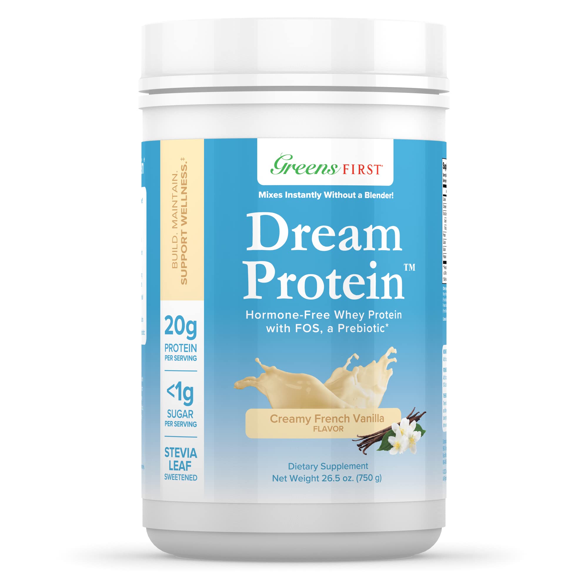 Greens First Dream Protein Powder Whey - 20g Protein Per Serving, Hormone-Free with Prebiotics, Non-GMO, No Artificial Sweeteners - Creamy French Vanilla Flavor (26.5 oz) | Post-Workout Recovery, Meal Replacement, Smoothie Booster for Fitness & Weight Management