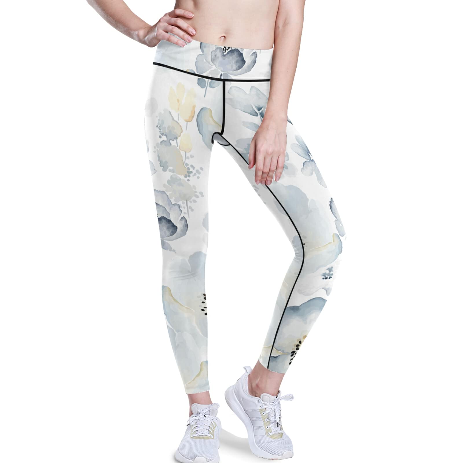 COOLDEER Women's High Waist Yoga Pants - Breathable Palm Leaves Rose Watercolor Print Tummy Control Workout Leggings for Yoga, Gym & Running (Size S)