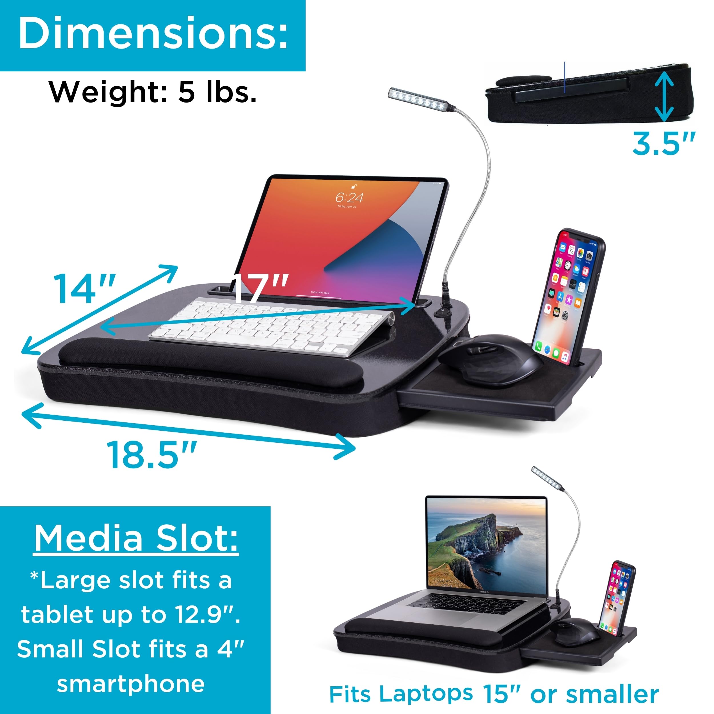 BIRDROCK HOME Adjustable Lap Desk with Memory Foam Cushion - Portable Laptop Tray with USB Light & Mouse Pad - Fits 15