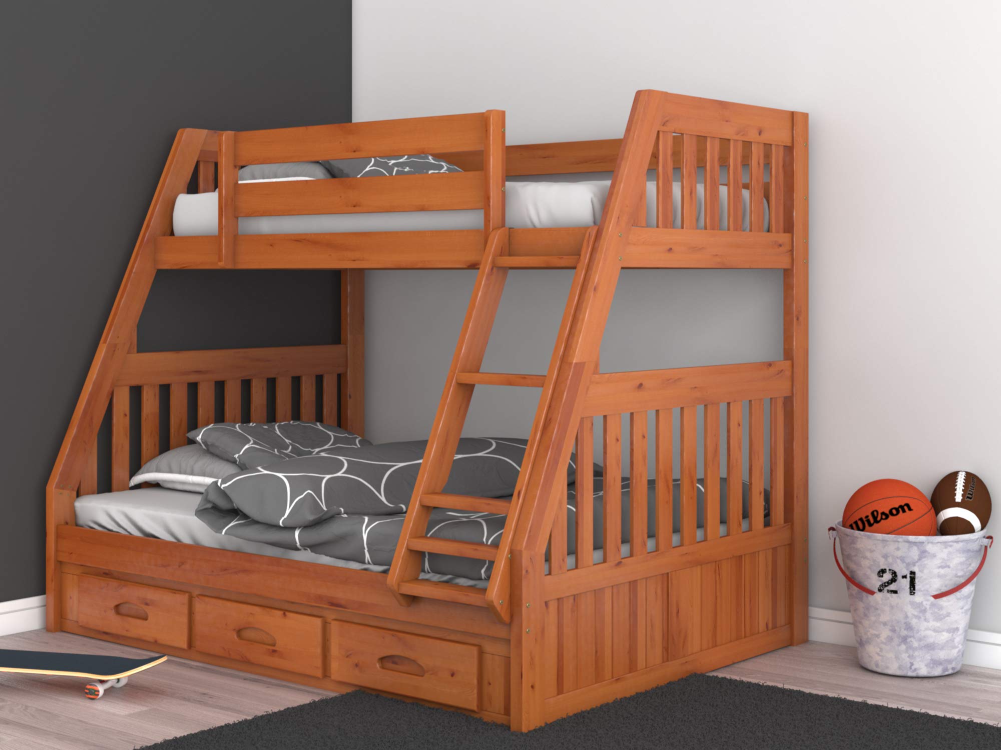 Discovery World Furniture Twin Over Full Bunk Bed with 3 Drawer Storage - Honey Finish - Space-Saving Kids Bedroom Solution for Small Rooms & Sleepovers