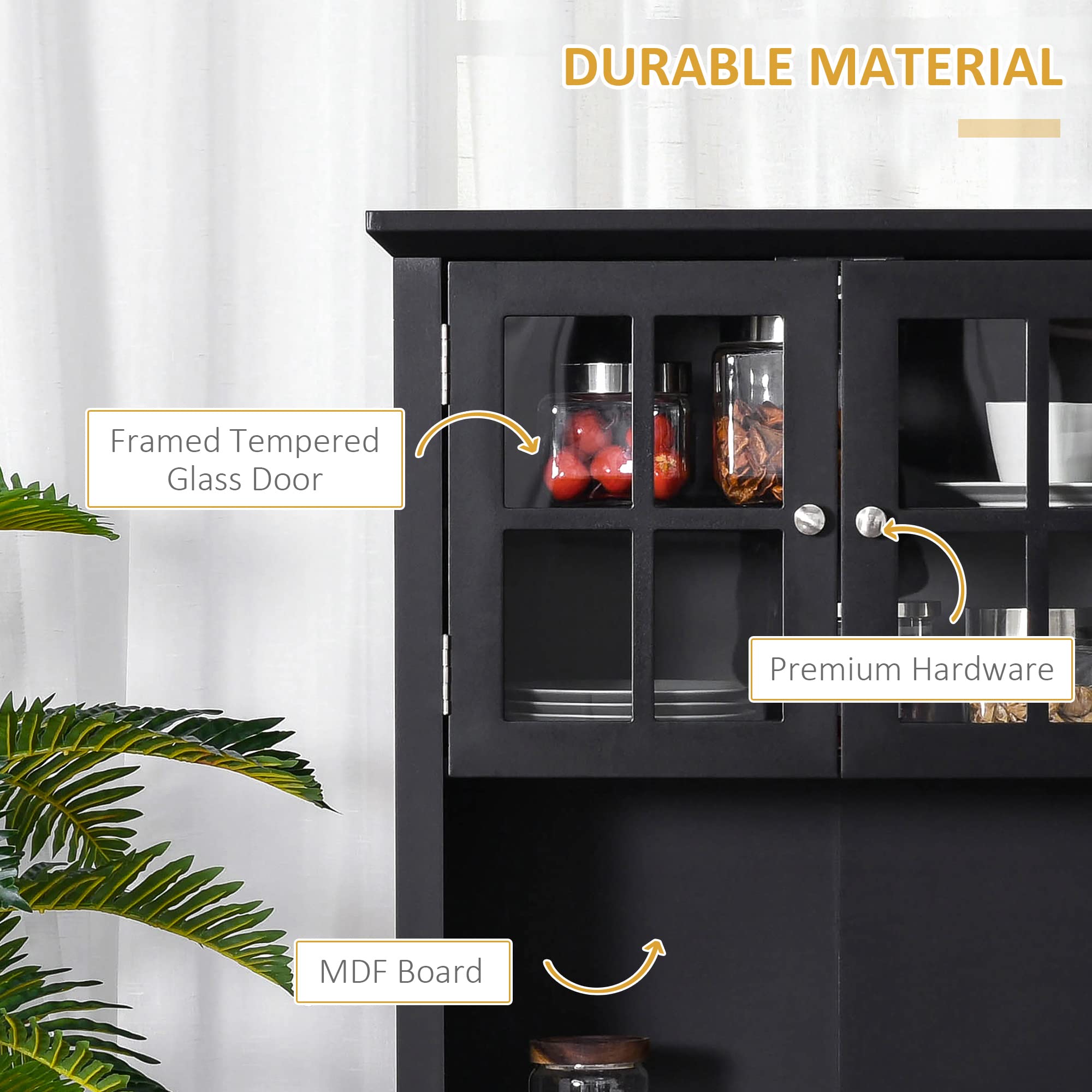 HOMCOM Elegant Buffet Hutch with Framed Glass Doors, Kitchen Pantry Storage Cabinet with Drawers & Microwave Space - Perfect for Dining Room Storage & Small Kitchen Organization, Black
