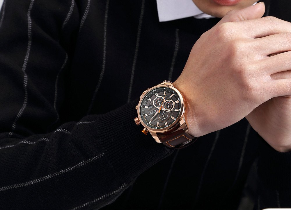 Men's Chronograph Sport Watch - Brown Leather Strap Quartz Analog Watch for Business Casual & Everyday Wear - Waterproof Wristwatch for Office, Dating & Outdoor Activities