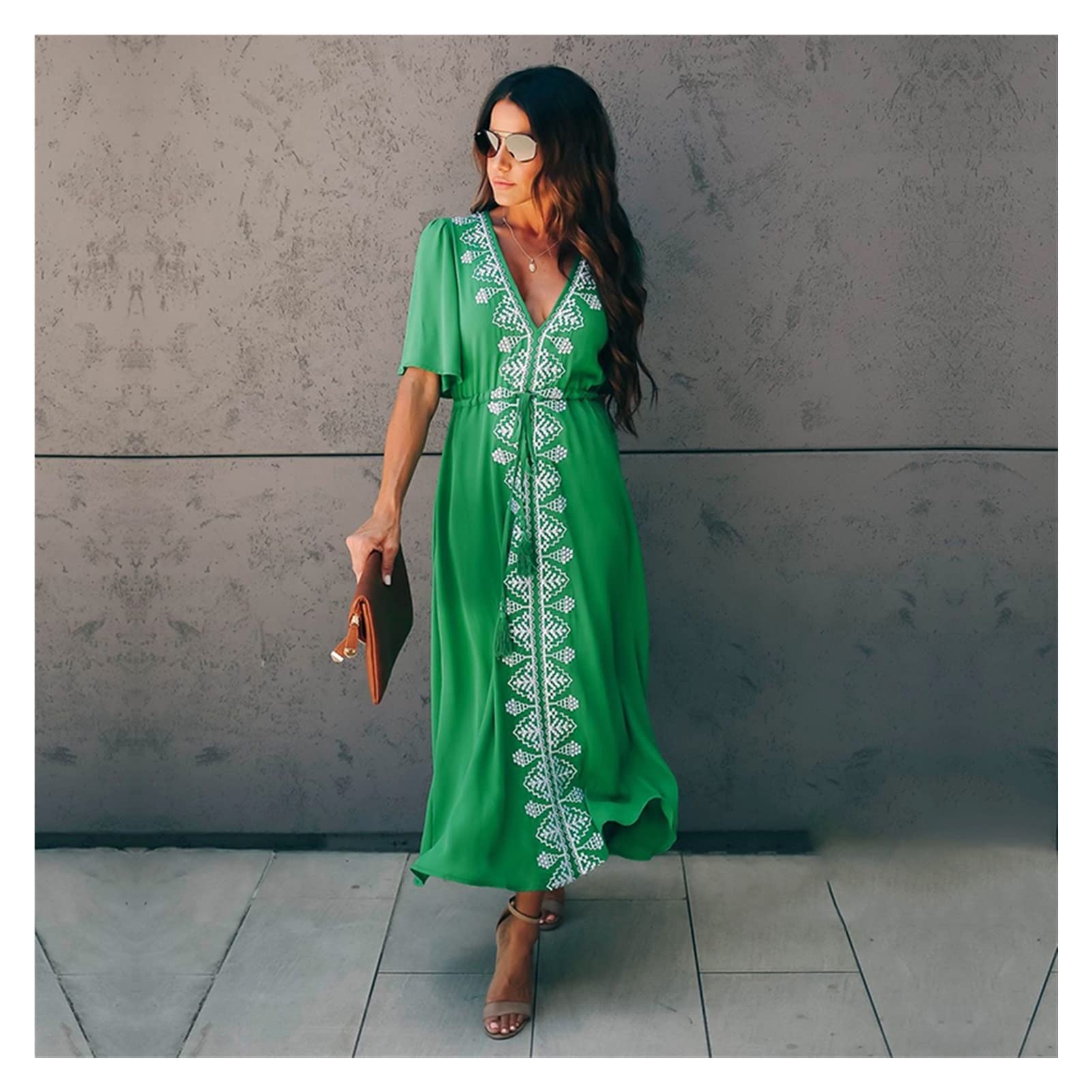Elegant Flare Sleeve V-Neck High Waist Summer Beach Dress for Women - Plus Size Embroidered Midi Dress for Street Wear, Vacation & Casual Outings