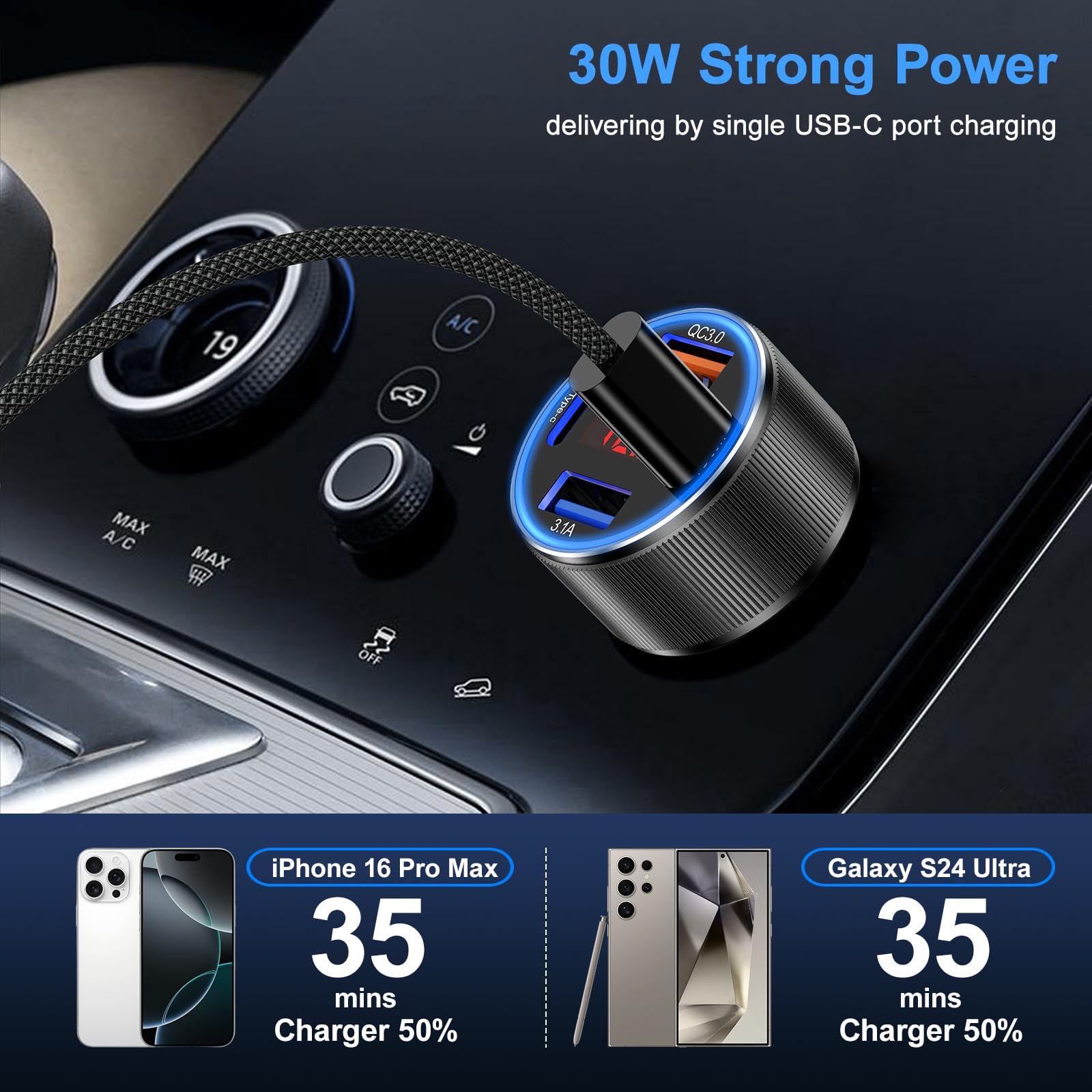 Besgoods 4-Port USB C Car Charger with Voltmeter - PD/QC 3.0 Fast Charging Adapter for iPhone 16/15/14/13/12, Galaxy S24/S23/A54/A15 & Android Devices - Perfect for Road Trips, Commuting & Dash Cams (2-Pack)
