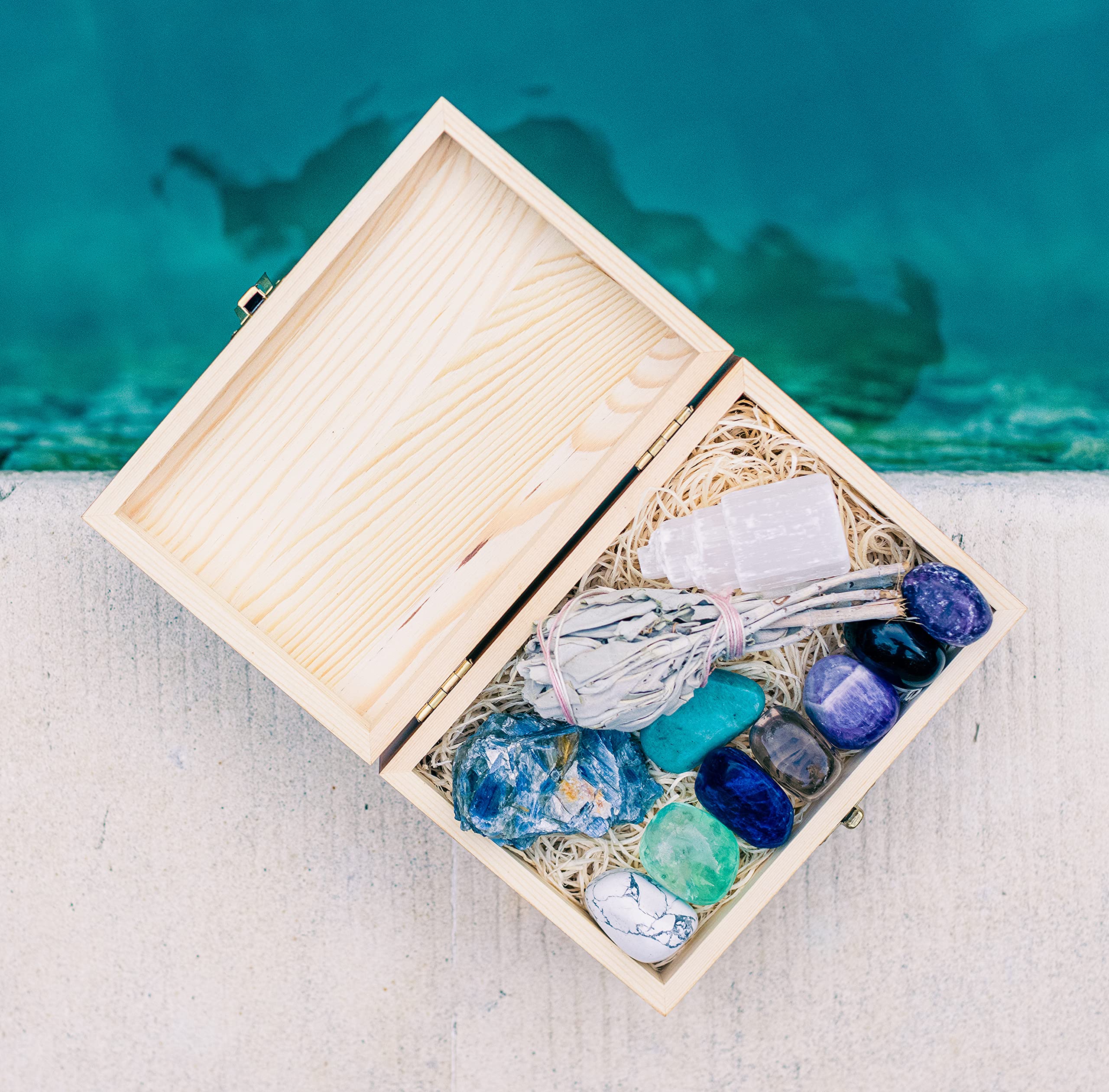 CRYSTALYA Large Healing Stones Set - Amethyst, Lepidolite, Fluorite, Smoky Quartz, Selenite for Stress Relief & Anxiety | Wooden Gift Box with Sage & 50pg Ebook | Meditation, Yoga, Home Decor, Spiritual Healing Gifts