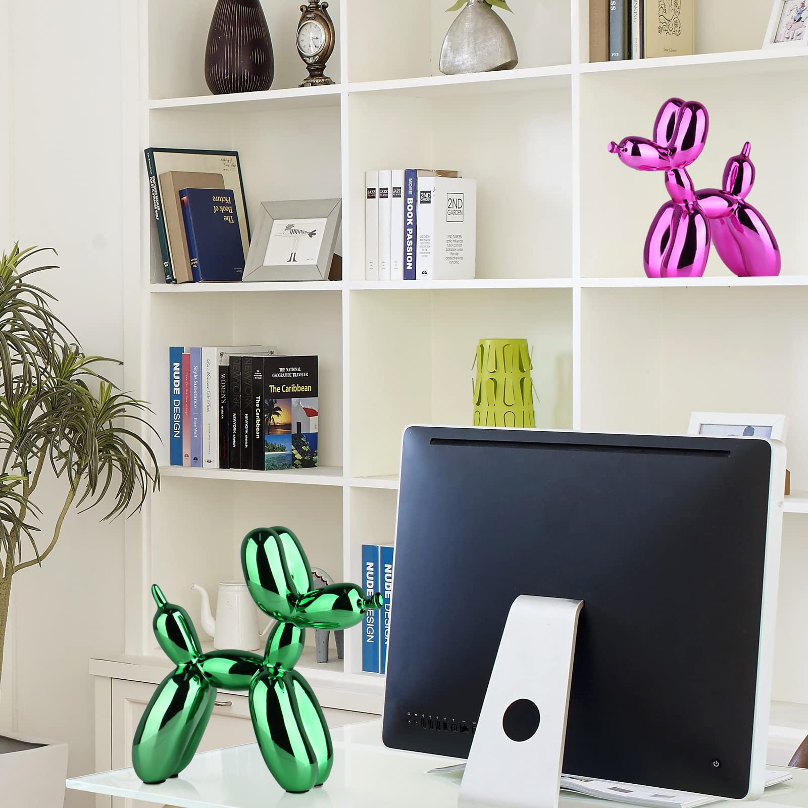 Green Balloon Dog Sculpture - Modern Preppy Room Decor, Cute Animal Statue for Shelf, Desk & Office | Gold Home Decor Accent for Bedroom, Living Room & Workspace