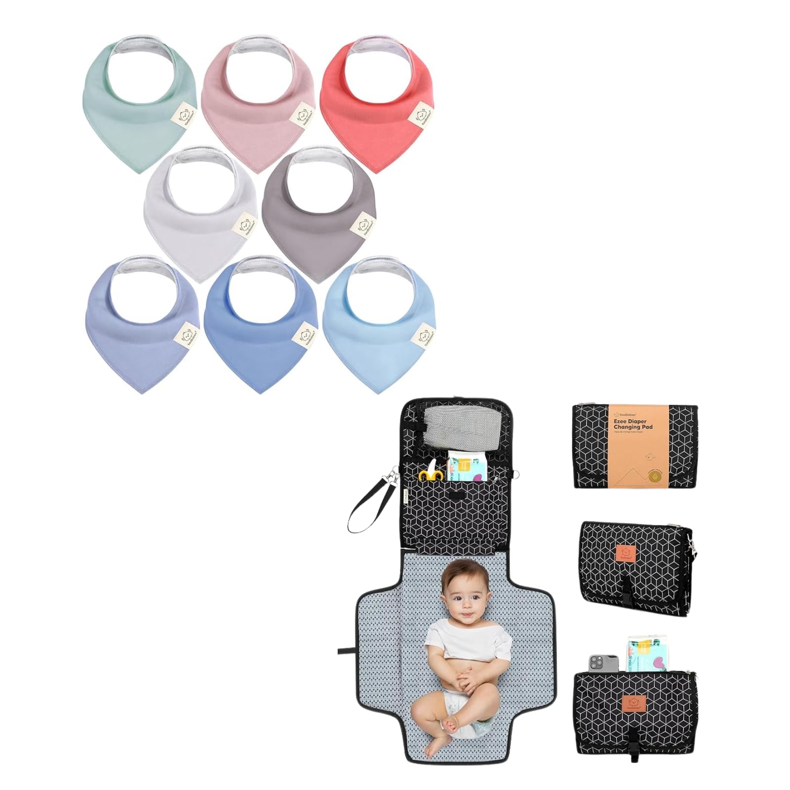 KeaBabies 8-Pack Baby Bandana Drool Bibs & Waterproof Foldable Changing Pad Set - Soft Absorbent Bibs for Boys & Girls - Portable Diaper Changing Mat for Travel, Daycare & On-the-Go Parents