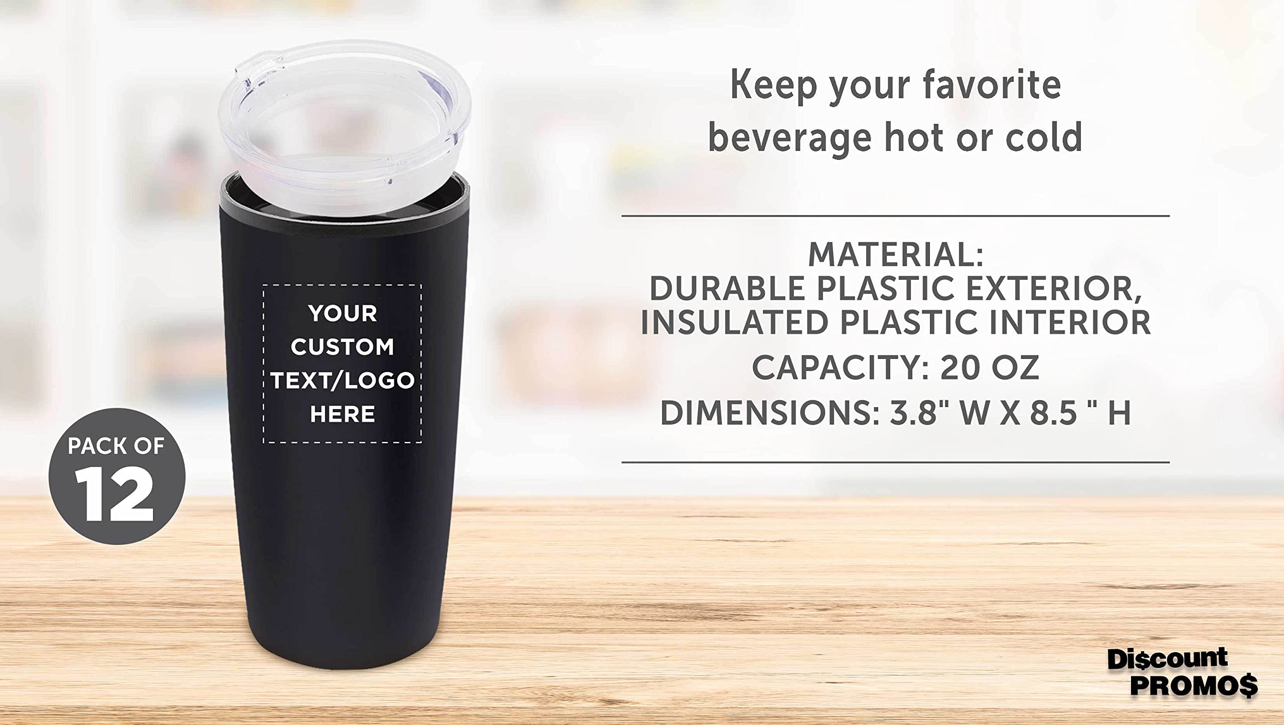 12-Pack Custom 20 oz Plastic Tumblers with Lids - Personalized Bulk Insulated Travel Cups for Iced Coffee, Smoothies & Cold Drinks - Perfect for Office, Parties, Picnics & Outdoor Activities - Black