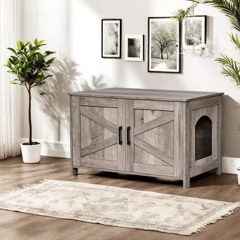 Homhedy Wooden Cat Litter Box Enclosure - Modern Cat Washroom Furniture with Barn Door | Fits Most Litter Boxes | Greige Finish | Perfect for Small Spaces & Home Decor