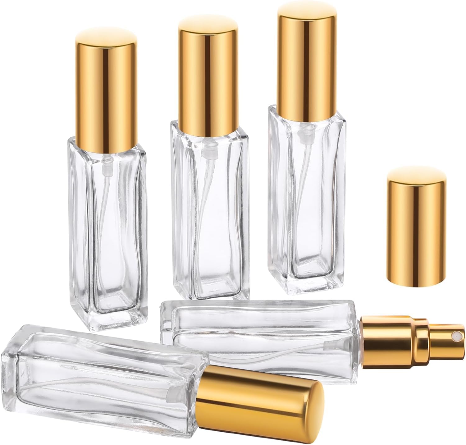 6-Pack 8ml Square Transparent Refillable Glass Spray Bottles with Gold Pump & Cap - Perfect for Toner, Perfume, Attar, Lotion, Moisturizer & Essential Oils - Multi-Use Travel-Friendly Bottles for Skincare, Fragrance & DIY Beauty Products