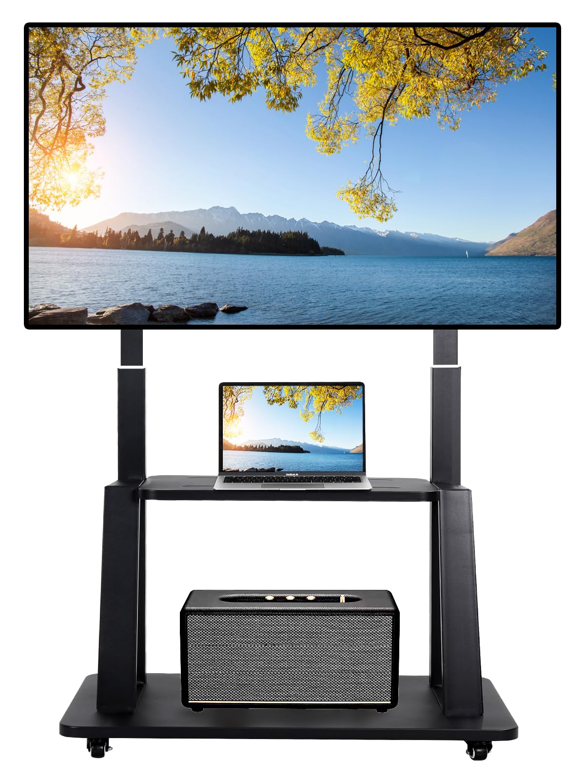 Heavy Duty Rolling TV Stand with Wheels for 42-86 Inch Flat/Curved Screens - Adjustable Height Mobile TV Cart with Laptop/DVD Shelf (Supports 176lbs) - Perfect for Living Rooms, Bedrooms & Home Theaters