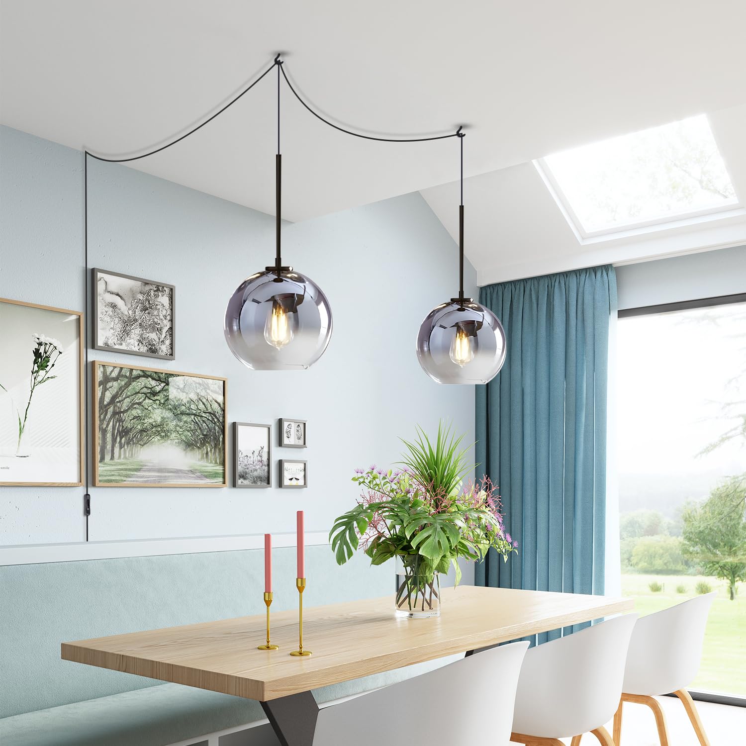 KCO Lighting Plug-in Hanging Light Fixture - Mercury Glass Pendant Lights for Kitchen Island, Dining Room & Bedroom - Mid Century Modern Black Globe Pendant Lamp with Plug-in Design | Perfect for Home Decor, Restaurant Lighting & Office Spaces