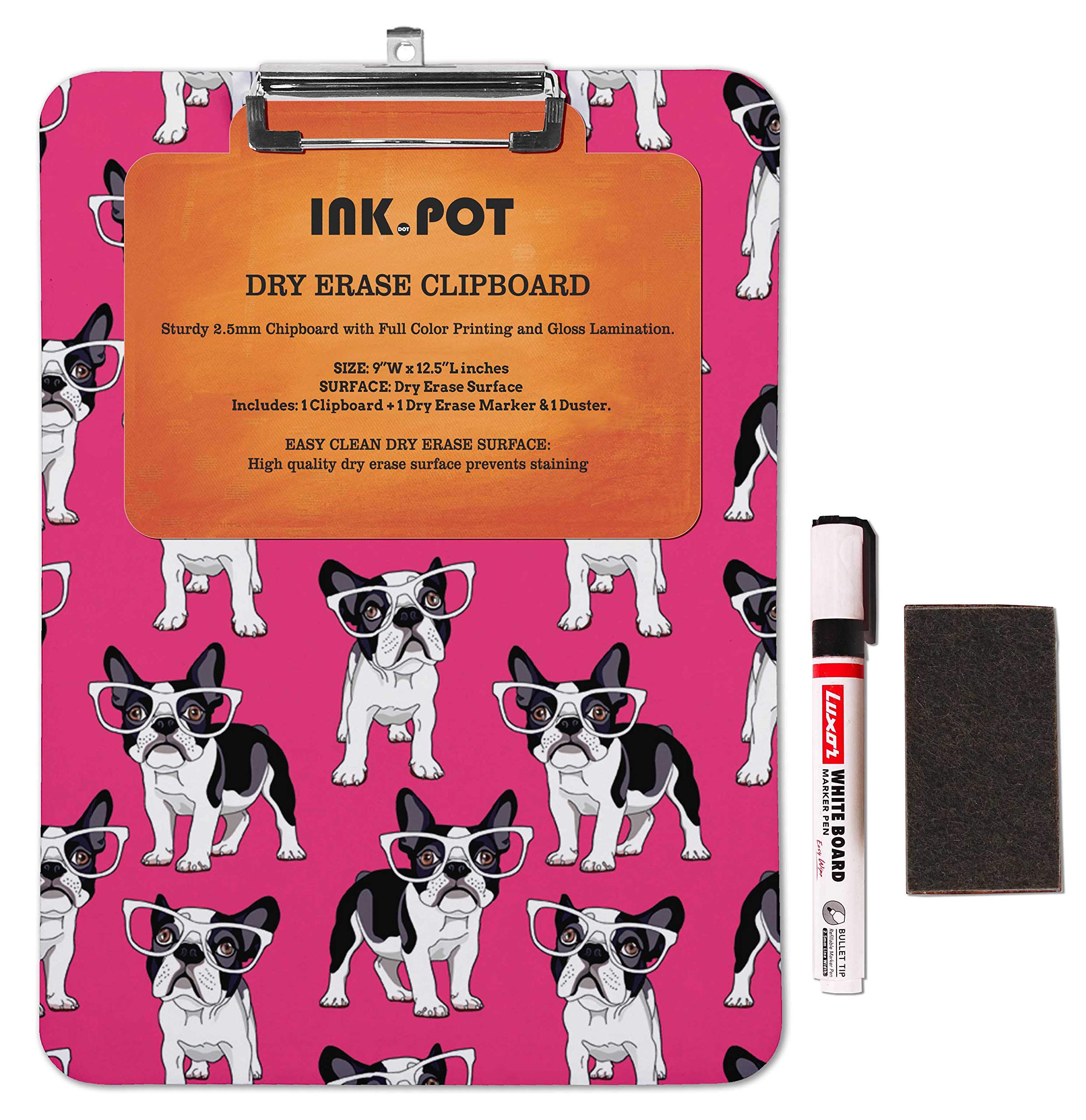 Double Sided Dry Erase Clipboard 9x15 - Letter Size with Marker & Duster for Office & School