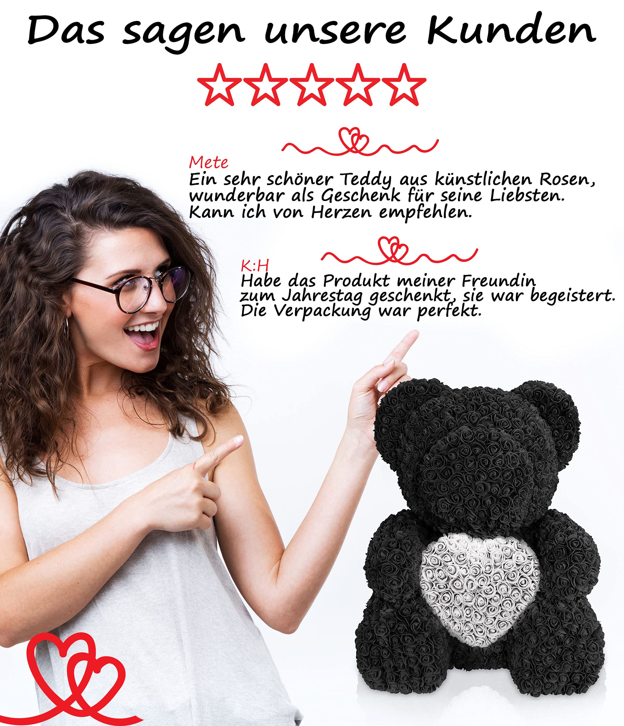 NADIR Black Rose Bear with Heart - 70cm Luxury Floral Teddy Bear in Gift Box for Valentine's Day, Mother's Day, Birthday & Anniversary - Romantic Home Decor & Special Occasion Gift