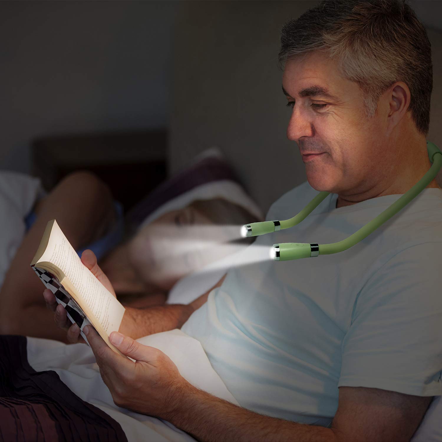 USB-C Rechargeable Neck Book Light - 4 LED Bulbs with 4 Adjustable Brightness Levels, Hands Free Reading Lamp for Bed, Car, Travel & Night Reading (Green) - Perfect Gift for Book Lovers & Students